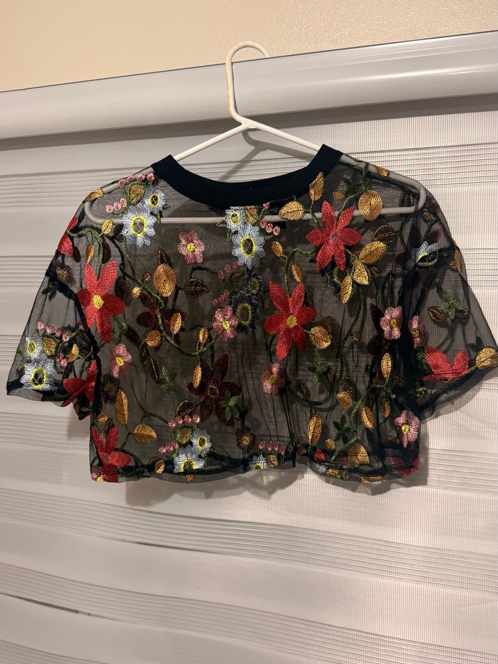 Embroidered Floral Sheer Crop Top - Black